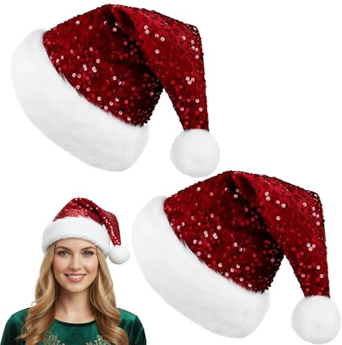 EujRcf 2 Pack Christmas Hats, Santa Hat With Glitter, Christmas Party Hats For Adults, Fun Santa Hats, Santa Claus for Party Fancy Dress, 32 * 45 cm