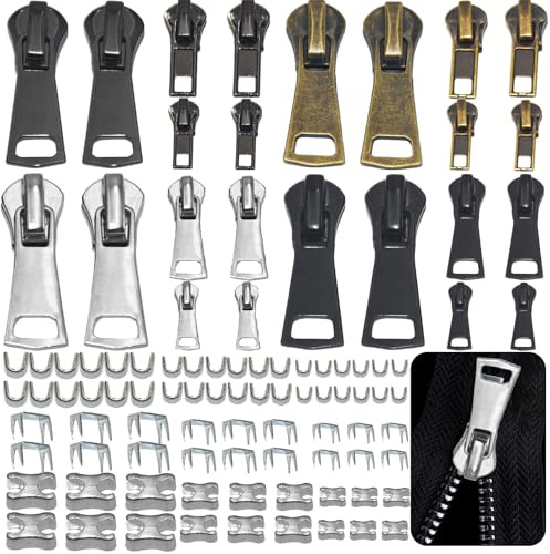 PXBSNB Reißverschluss Reparatur Set, 96 Stück Reisverschluss-reparaturset, Universal Reisverschluss-zipper Ersatz, 3 Größen 3/5/8 Reißverschlusse Reparieren für Jacken Jeans Mantel Taschen Zelte