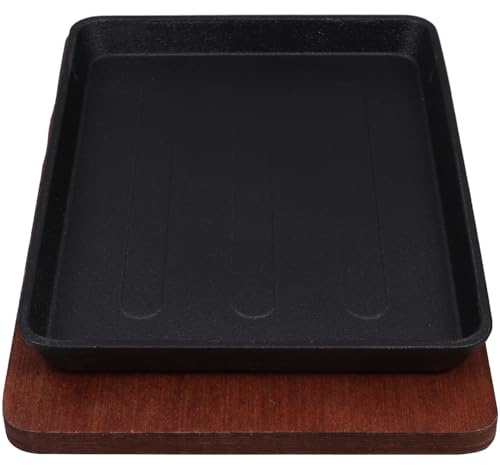 POPETPOP Padella in Ghisa Quadrata 232X175 CM per Bistecche e Fajitas con Base in Legno Piastra Antiaderente per Barbecue e Teppanyaki per Cucine Domestiche e Ristoranti Ampia