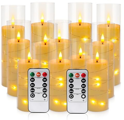 LIVEN Lot 12 bougies LED sans flamme en double paroi acrylique, 2 télécommandes avec minuterie 2/4/6/8h, décoration pour Noël mariage salon cheminée