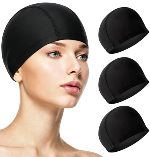 WUMZIRA Lot de 3 Bonnets de Bain en Tissu Polyester pour Adulte, Bonnet de Natation Élastique et Confortable pour Homme et Femme, Idéal pour la Piscine et les Sports Nautiques, Noir