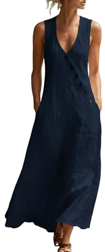Vestido largo casual de algodón y lino para mujer, sin mangas, elegante, talla grande, holgado, cómodo, con bolsillos, verano, bohemio, para fiesta, graduación, 18-20, casa para mujer, para bodas en
