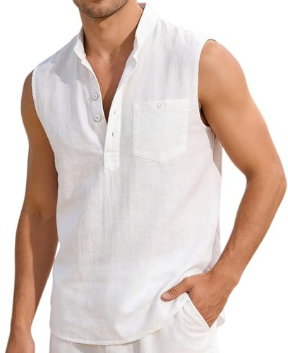 Rewlawn Chemise en Lin sans Manches pour Homme Henley boutonné Basic Vestes sans Manches Tees léger Souple pour la Plage, l'été, Les Loisirs, avec Poche