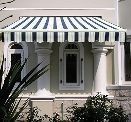 Green Bay Manual Awning Canopy | Blue-White 4x3M Retractable Outdoor Patio Garden Sun Shade Shelter Complete with Fittings and Winder Handle