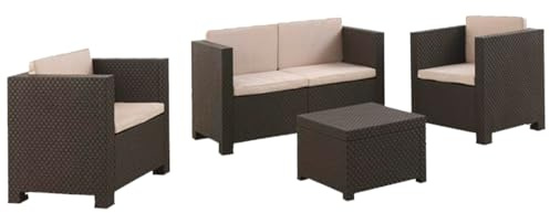 SP Berner - Set de Muebles de Jardín y Terraza Diva Wengue- Sofá 2 Plazas, 2 Sillones y Mesa de Centro con Almacenaje - Fabricado en España con Plástico Reciclado