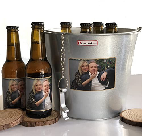Majami Set de 6 cervezas personalizadas con cubo enfriador y abrebotellas, cervezas con foto para regalar, eventos, bodas, cumpleaños, aniversario, Regalo Original, Uvimark