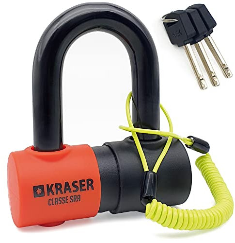 KRASER KR50 Diebstahlsicherung Motorrad Bremsscheibenschloss SRA Homologiert genehmigtes Vorhängeschloss Scheibenbremse Solid Mini U Ø18 + Erinnerungskabel, Anti-Diebstahl Motorradschloss Motorroller