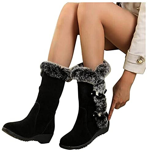 Hbeylia Fuzzy Winter Snow Boots For Women Ladies Fashion Casual Fluffy Plush Fur Thermal Suede Round Toe Non Slip Wedge Platform Mid Calf Boots Furry Metal Bucle Warm Dress Ankle Booties For Camping