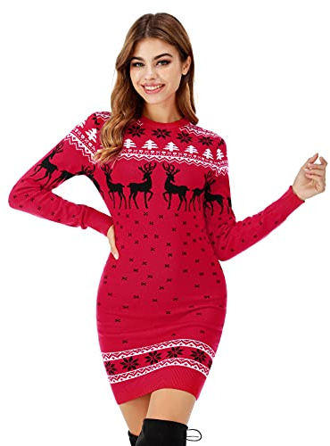 Totatuit Christmas Jumper Dress for Women Novelty Reindeer Snowflakes Knitted Ladies Xmas Dress Long Sleeve Crew Neck Christmas Sweater Pullover Knitwear Red