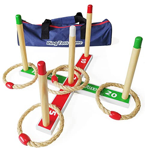 Holz-Ringwurfspiele – Quoits Spiele-Set, 5 Seilringe mit Tragetasche