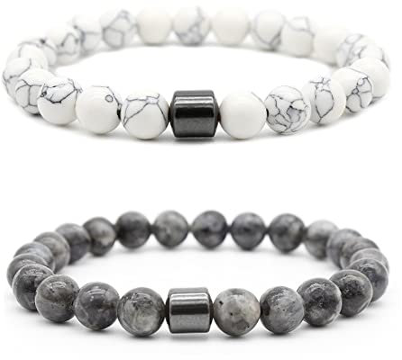 Teegxddy 2 PCS Armband, 8 MM Naturstein Herren und Damen Weiß Türkis/Amphibol Perlenarmband Stapelbares Stretcharmband