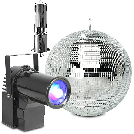 BeamZ MB30 30cm Disco Mirror Ball with Battery-Powered Motor & RGBW LED Pinspot Light, Complete Glitter Ball Set for DJ Party Wedding Stage Lighting and Dancefloors