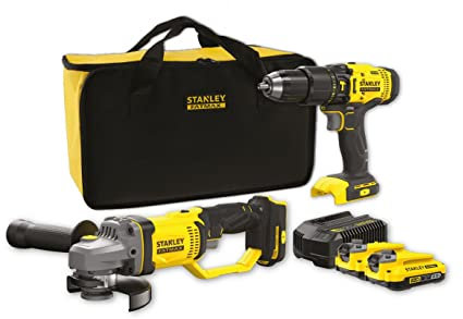 STANLEY FATMAX SFMCK471D2S-QW - Kit combinado V20 (Incluye Amoladora angular a batería de 125 mm, Taladro percutor a batería, cargador y 2 baterías de iones de litio de 2,0 Ah, estuche incluido)