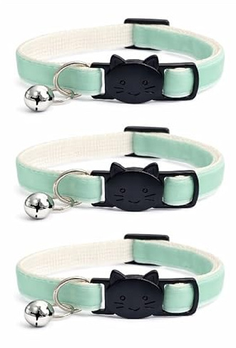Velvet Cat Collars with Bell. Safe Breakaway Quick Release Buckle. Available in Cat & Kitten Size (Pack of 3) (Kitten Collar (15cm - 23cm), Mint Green Velvet (Pack of 3))