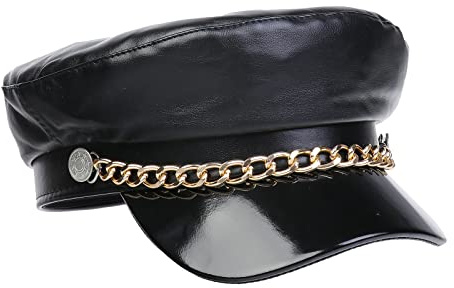 NiceYnn PU Captain Sailor Hat Newsboy Cabbie Baker Boy Peaked Beret Cap, PU Leather Flat Cap Peaker Winter Hats Black PU & Chain