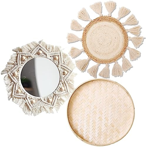 Boho Wall Basket Decor Set - Flat Woven Macrame Tapestry, Mirror White Round Tassels, Handmade Rattan Wicker Seagrass Wall Basket