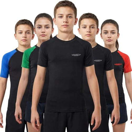 Exxact Sports Kids BJJ Rash Guard Short Sleeve, Ranked Compression No Gi Jiu Jitsu Rash Guard Kids for MMA and Wrestling, Black, XL