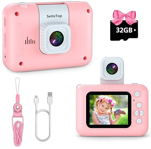 Kids Camera,1080P HD Digital Selfie Camera for Kids with 32GB SD Card &180°Flip Lens, Children Video Camera Toys for Girls, Christmas Birthday Gifts for Age 3 4 5 6 7 8 9 Years Old Girls (Pink)