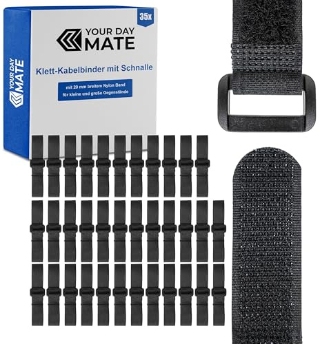 Kardborreband med spänne, 35-pack, fem storlekars set, svart, nylonkabel Kardborreband, spänne Kardborreband, återförslutningsbar kabelorganisatör, buntband Kardborreband, klämkabelband