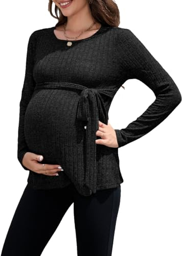 SISAY T-Shirts à Manches Longues Maternité Vetement Femme Enceinte Grossesse Hiver Chandail Allaitement Haut Jumper Top avec Ceinture Blouse Automne Pull Printemps Tunique Femme Chic et Elegant Ample