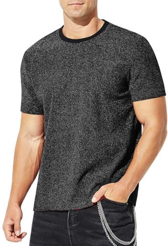 Casey Kevin Men's Sparkly T-Shirts Sequin Tops Shiny Disco Shirt Rave Glitter Party Oufit Light Short Sleeve Reflective Shirts,Black,M