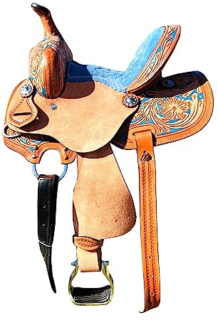 Sazaar Tack Pony - Sillín de cuero para niños, asiento de gamuza de 8 a 18 pulgadas, tamaño de asiento floral con conchos plateados (azul, asiento de 15 pulgadas)