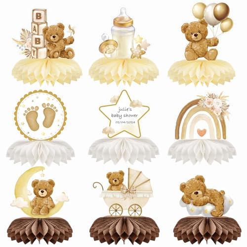 9 pcs Bear Baby Shower Honeycomb Centrepieces Brown Teddy Bear Theme Table Decorations Table Toppers for Kids Boys Girls Gender Reveal Baby Shower Party Favor Supplies