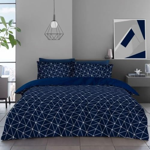 Lions Double Bed Bedding Sets - 100% Polyester Reversible Printed Pattern Quilt Duvet Cover with Pillowcase, Soft Geometric Pattern, Bed Linen, Navy Blue