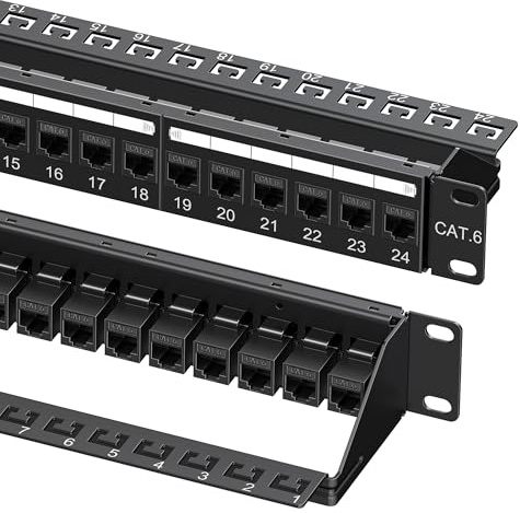 Cable Matters 1U 19-Inch 24-Port 10Gbps Cat6 Ethernet Patch Panel with Inline Keystone and Cable Management Bar, Rackmount or Wall Mount Network Patch Panel