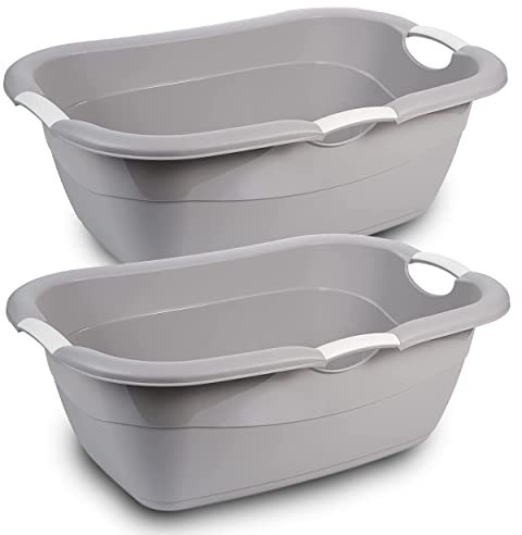 Sustania Set di 2 vasche per la biancheria, grandi e stabili cesti portabiancheria con manici, in plastica resistente, capacità 25 litri per vasca