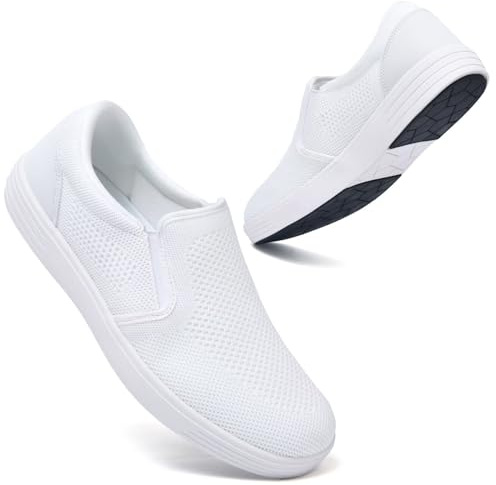 konhill Men's Slip on Shoes, Casual Breathable Boat Sneakers with Arch Support Lightweight Mesh Beach Loafers for Driving Walking Skate Size 9 White
