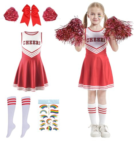 Ropa de porristas para niños,Disfraz Carnaval de Animadora para Niñas,Disfraz Cheerleader Niña con Pompones Calcetines - Uniforme Cheerleader para Carnaval Cosplay Competición Deportiva (rojo, 140)