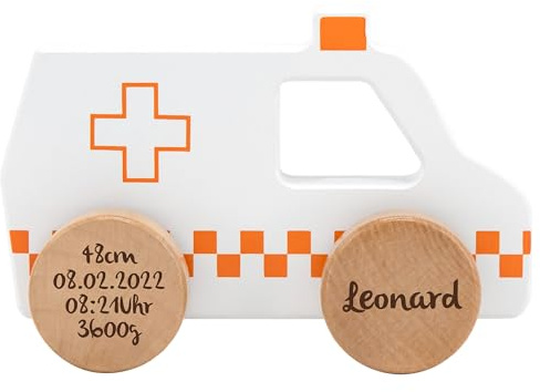 Mainely Personalizzabile Ambulanza in Legno – Robusta e Facile da afferrare – per Bambini dai 18 Mesi – Personalizzata con Nome e Data di Nascita – Tryco