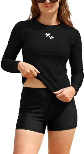 SHEKINI Womens 2 Piece Long Sleeve Rash Guard UPF50+ Swimsuit(Black,M)