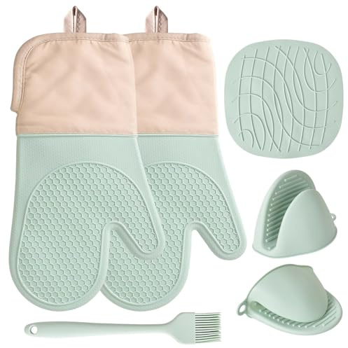 Set di 6 Guanti da Forno e Presine da Cucina Silicone Antiscivolo, Guanto Forno Cucina Alta Temperatura Fino a 230°C, 33.5cm Estesi Guanti Resistenti al Calore per Cucinare/Grigliare/Cuocere (Verde)