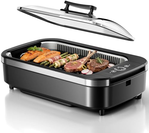 Kismile Indoor Smokeless Electric Grill,1500W Electric BBQ Grill with Drip Tray & Tempered Glass Lid, NonStick, 6-Level Control, 90 Min Auto Timer, Removable Components for Easy Cleaning