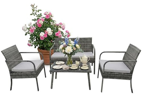 Relaxdays Set da Giardino in Rattan Sintetico, Panca 2 posti, 2 sedie e Tavolo, 78x106x56 cm, Grigio