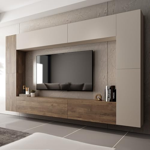 Dmora Parete Attrezzata Camotess Beige 8 Ripiani Modulabile, Mobile Soggiorno Apertura Battente