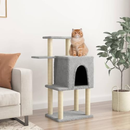 Arbre à chat tout-en-un avec griffoirs en sisal, gris clair, 97 cm, tour pour chat à plusieurs niveaux avec maison et plateformes, housse en peluche douce, colonnes en sisal naturel pour gratter et