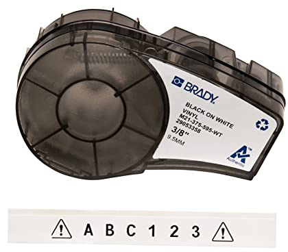 Brady Ruban d’étiquettes vinyles étiqueteuses M211 et M210 - Étiquettes vinyles adhésives - Noir sur blanc (9.53mm x 6.40m) - M21-375-595-WT
