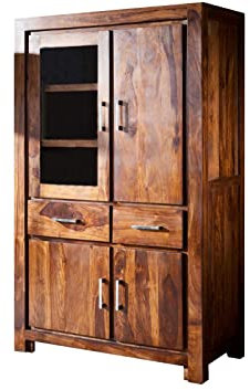 MASSIVMOEBEL24.DE | Metro Life Massive Vitrine #103 - Honey, lackiert | aus Sheeshamholz | mit Türen (1 Glastür) - 2 Schubladen | 45x90x148cm | Bücherregal Holzvitrine Standvitrine