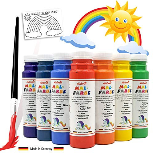Play malmit® 7er Regenbogen Set Malfarbe je 250ml Temperafarbe Schulfarbe Farben mit Vorlagen