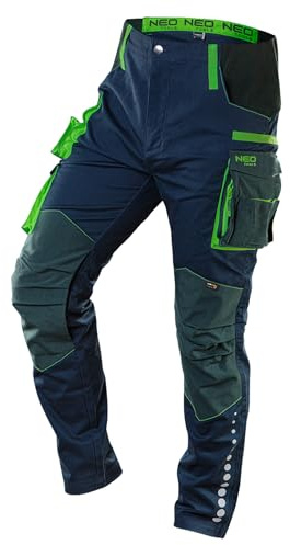 Neo Tools Pantalones de Trabajo para Hombre, 62% algodón, 35% poliéster, 3% Elastano, Zona de Las Rodillas Reforzada con Cordura, Insertos Laterales de Tejido Acanalado, Azul Marino, Talla S