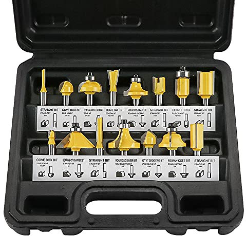 15tlg. Fräser Set für Oberfräsen, Mehrzweck Hartmetallfräser 6,35 mm (1/4 ) Schaft Fräsersatz Fräsersets für Holz Nuten, Schnitzen, Schneiden, Fräsen und Kantenbearbeitung