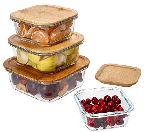 Ritzenhoff & Breker Esperanza Lot de 4 boîtes à provisions carrées en Verre avec Couvercle en Bois 1 x 1,1 l, 1 x 750 ML, 1 x 470 ML et 1 x 300 ML Couvercle en Bambou Durable avec Bol en Verre,