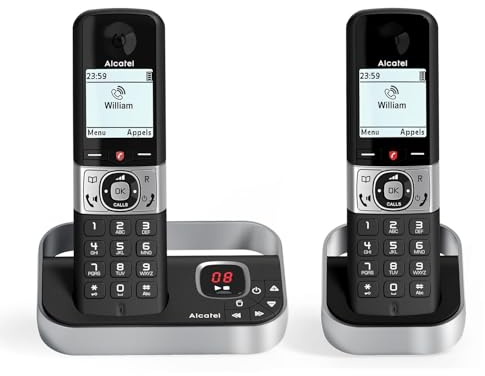 ALCATEL F890 Voice Duo - Cordless Phone DECT With Answering Machine - High Resolution Graphic Display - Handsfree - Call Barring - VIP Ringtone - 50 Min Answering Machine - 2 Handsets - Black/Grey
