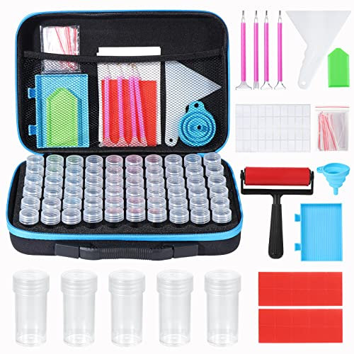 KEESIN Diamond Painting Zubehör Boxen, 60 Slots Storage Koffer Mit Trichter Stickers für Strass Perlen Nägel DIY Handwerk (Blau)