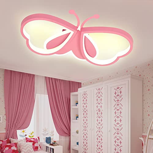 LUOLONG LED Kinder Deckenlampe Schmetterling Deckenlampe Dimmbar Acryl Deckenleuchte Kinderzimmer Kreative Mädchenzimmer Schlafzimmer Cartoon Deckenleuchte-rosa 52cm
