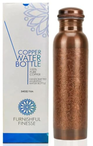 FURNISHFUL FINESSE 34 Ounce Antique Copper Bottle 1000 ml Pure Copper Water Bottles for Sports, Gym Yoga, Hiking, Handmade Antique Ayurvedic Vessel 1 liter - Pack of 1