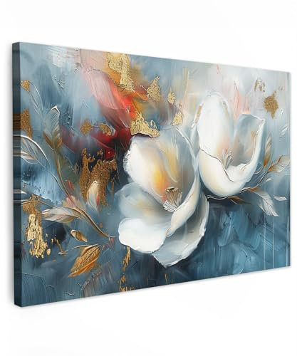 MuchoWow© Canvas Wall Art 47x31 / 120x80 cm Decor Paintings Print framed on Canvas Pictures for Hallway Flowers - White - Gold - Art - Abstract
